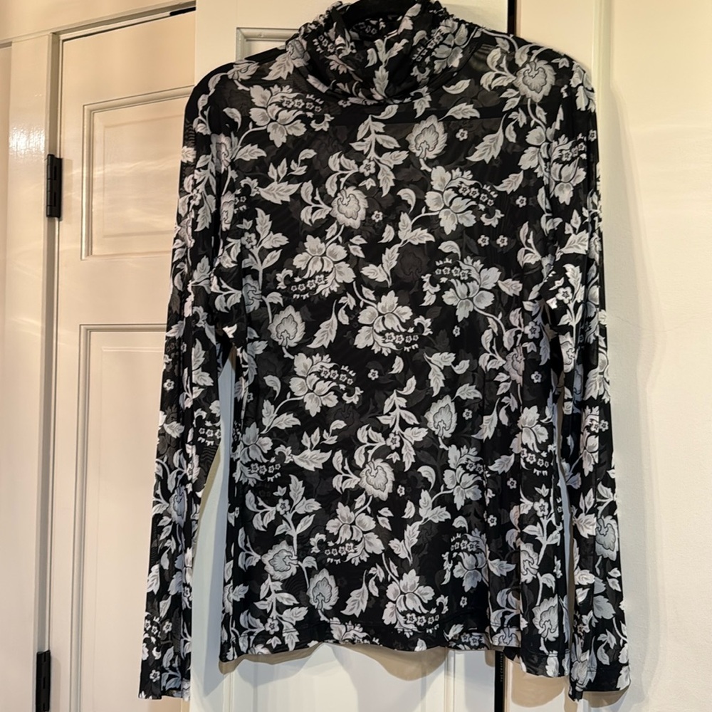 WHBM black grey floral sleeve turtleneck top size Large